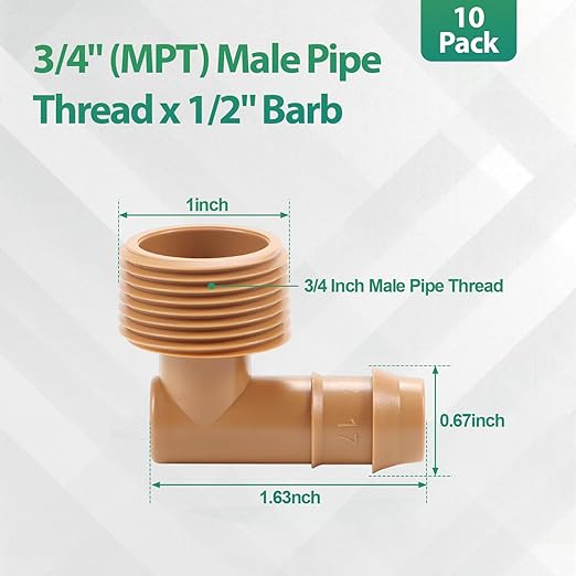 RedChili 1/2 Inch Drip Irrigation Fitting To 3/4 Inch Male Hose Threaded Adapter, 10 Pack PVC To Drip Irrigation Elbow Adapter With 3/4" Male Pipe Thread(MPT) x 1/2" Barbed Connectors