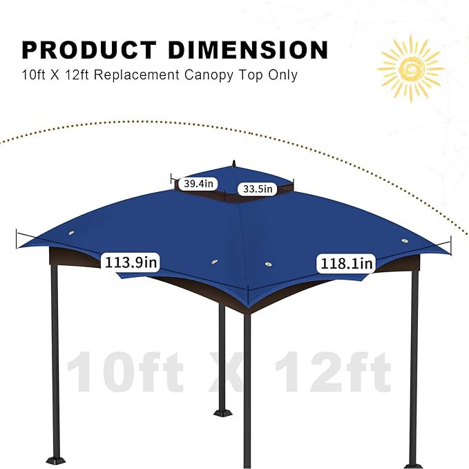 10x12 Gazebo Canopy Replacement Top Cover, Double Tiered Waterproof Canopy Roof for Lowe's Allen Roth Gazebo #GF-12S004B-1(Blue)