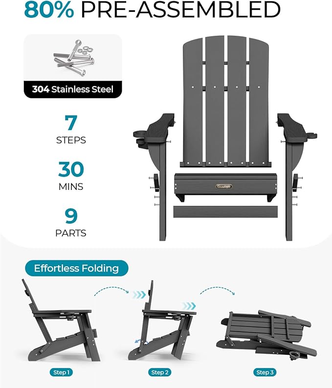 Folding Adirondack Chair 6 Pack, HDPE All-Weather Fire Pit Chairs, Plastic Adirondack Chairs with 2 Cup Holder, Outdoor Lawn Chair for Patio Garden (Grey)