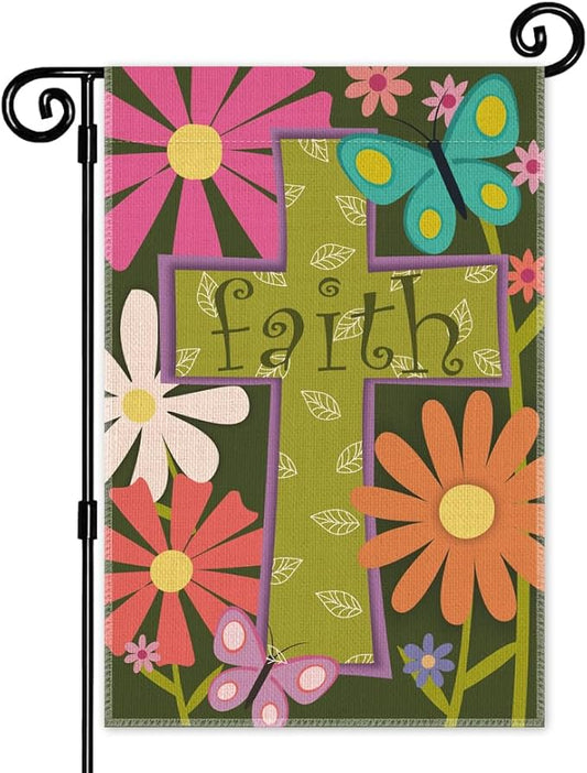 Faith Garden Flag, Spring Summer Cross Christian Garden Flag for Outside, Double Sided Bible Verse Easter Farmhouse Lawn Porch Yard Sign, Easter Floral Religious Church Catholic Decor Banner