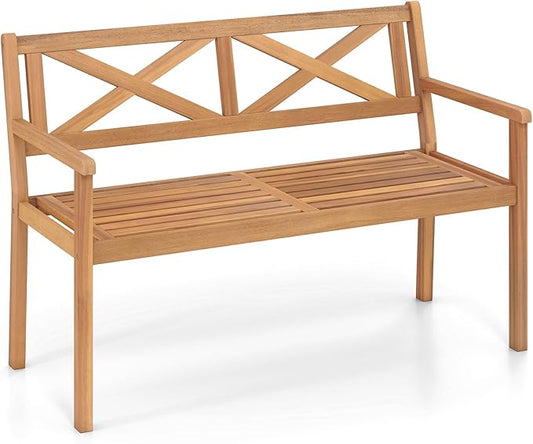 Tangkula Acacia Wood Outdoor Loveseat Bench, 2-Person Patio Garden Bench with Armrests & Backrest, Slatted Wooden Outside Seating Furniture for Backyard, Porch, Deck (X-Shaped Backrest)