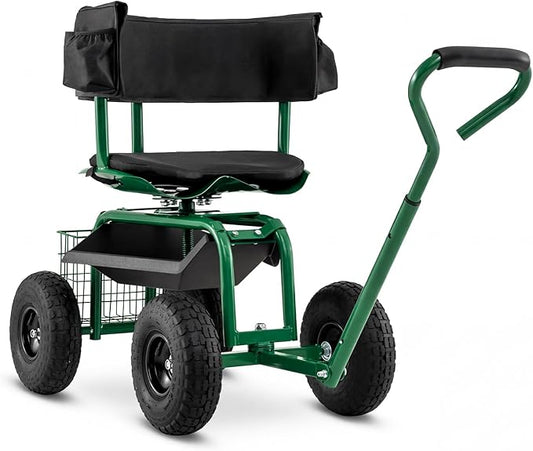 Goplus Garden Seat with Wheels, Rolling Gardening Stool with Adjustable 360° Swivel Seat, Tool Tray & Storage Basket, Extendable Handle, Outdoor Gardening Scooter, Garden Cart Workseat for Seniors