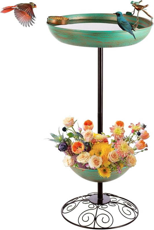 dreamysoul Metal Bird Baths for Outdoors, Pedestal Green Bird Bath with Flower Planter, BirdBaths for Outdoors Garden Yard Patio Decor