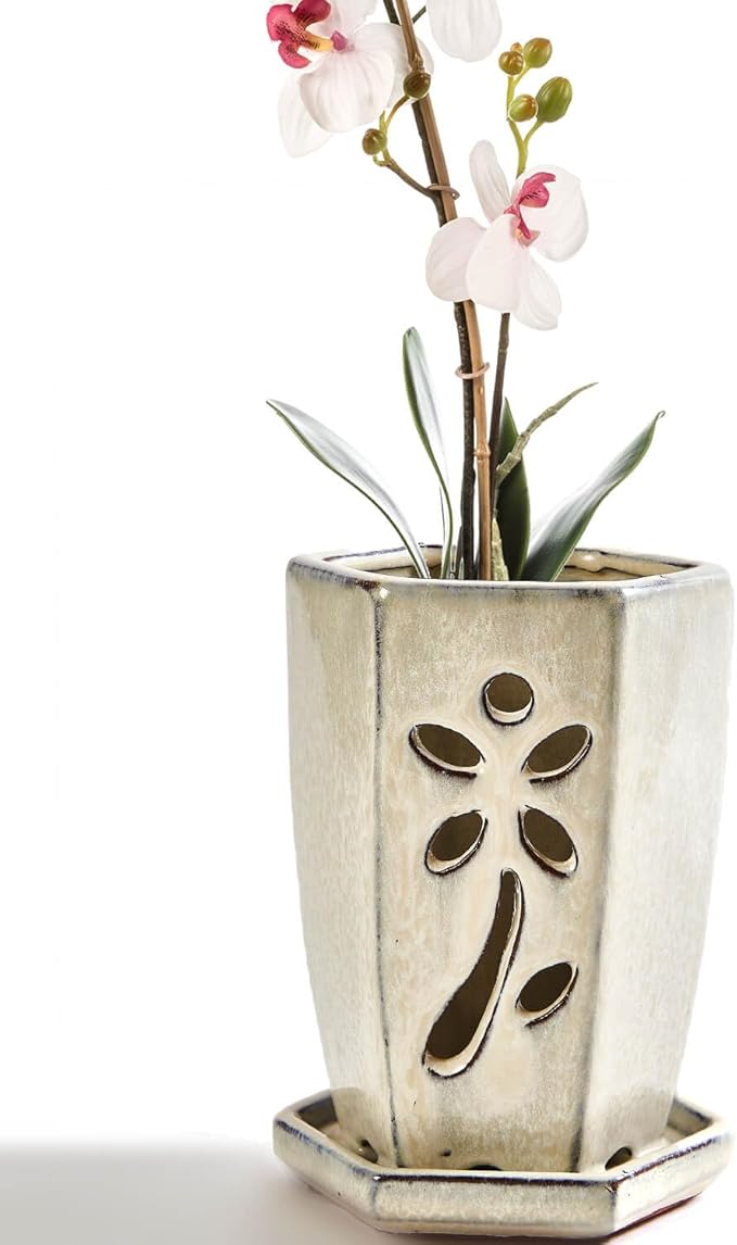 vensovo 4 Inch Ceramic Orchid Pot with Holes and Attached Saucer, Small Hexagon Orchid Planter for Repotting, Promotes Air Circulation and Drainage for Healthy Roots, Indoor Outdoor, Milk White