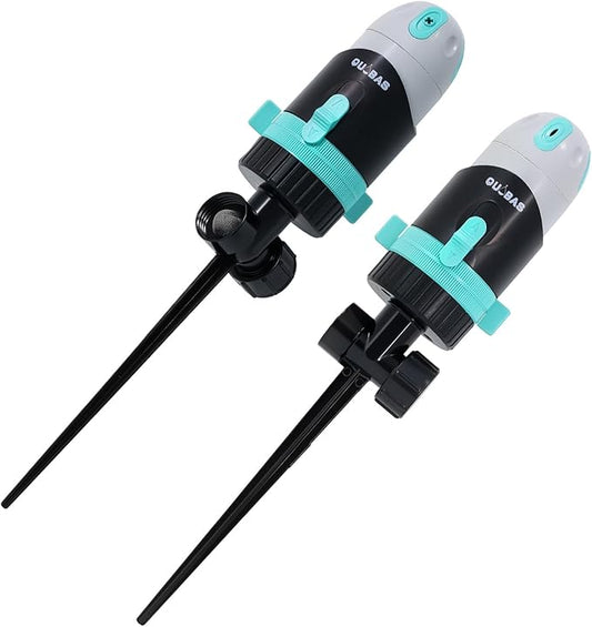 QUOBAS 2 Pack Sprinkler for Yard, 4 Spray Modes, 360° Adjustable Rotation, Heavy Duty Metal Spike with Built-in Filter, Water Diameter up to 50ft for Garden Plant, Flower Bed and Large Yard Area