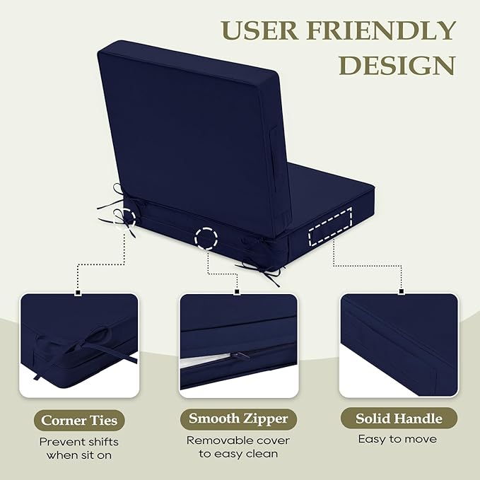 Wellsin Outdoor Deep Seat Patio Cushions, 24 x 24 Waterproof & 3-Year Fade Resistant Outdoor Cushions with Removable Covers,Ties and Handle for Chair, Sofa, Couch, Navy