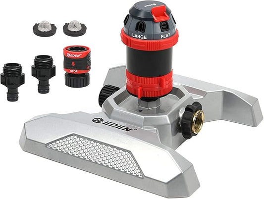Eden 96122 Metal Base 6-Pattern Rotary Gear Drive Sprinkler | Quiet Operation, Adjustable Range, 5°- 360° Coverage, Flow-Through Design for Customized Watering, Quick Connect Starter Set Included