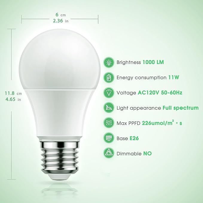 Grow Light Bulbs, Briignite LED Grow Light Bulb A19 Bulb, Full Spectrum Grow Light Bulb, Plant Light Bulbs E26 Base, 11W Grow Bulb 100W Equivalent, Grow Light for Indoor Plants, Seed Starting, 2Pack