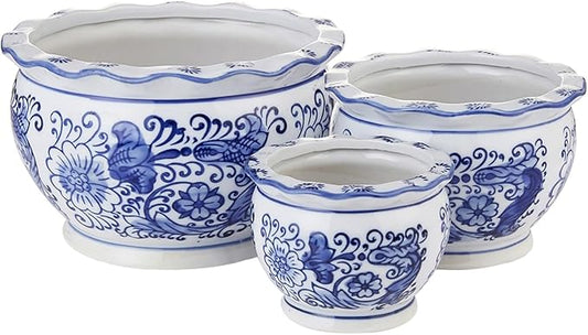 HakkaGirl Blue and White Planters, Succulent Pots Ceramic Plant Pots Indoor with Drainage for Home Décor - Set of 3