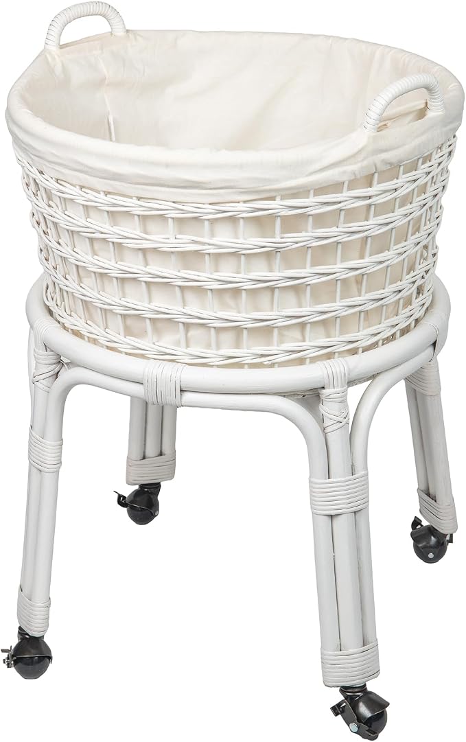 KOUBOO Rolling Wicker Laundry Basket, Handwoven Wicker Hamper with Removable Cotton Liner, Stand, & Locking Caster Wheels (White)