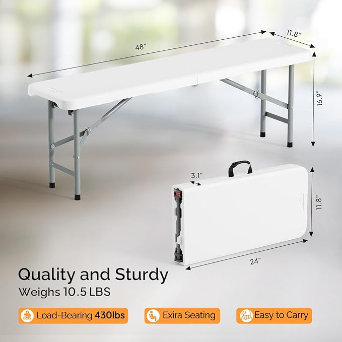 VINGLI 4 feet Plastic Folding Bench,Portable in/Outdoor Picnic Party Camping Dining Seat, Garden Soccer Multipurpose Entertaining Activities, Smooth HDPE Tabletop (1, White, 4ft)