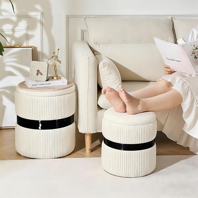 Round Ottoman with Storage Set of 2 White Velvet