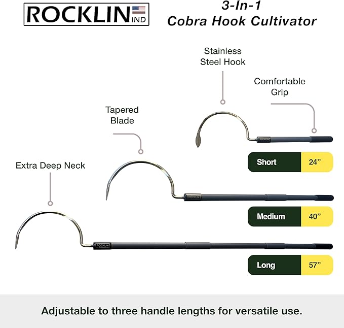 Rocklin Industry Cobra Hook 3-in-1 (24"/40"/57") Cultivator, Heavy-Duty Garden Hand Tool for Weeding, Digging & Soil Loosening – Three Lengths, Stainless Steel Blade, Ergonomic Grip