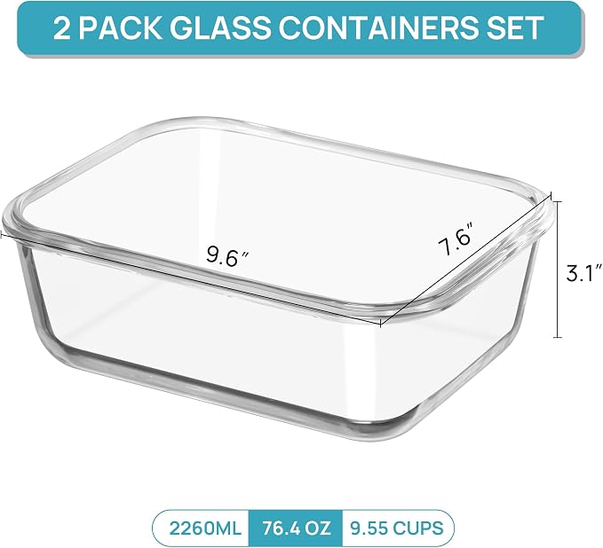 Vtopmart 2Pack 2260ml/76.4oz Extra Large Glass Storage Containers, Blue