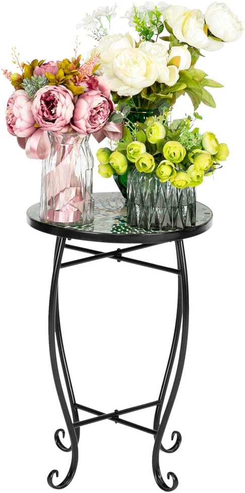 Mosaic Patio Table,Outdoor Side Table,14inch Accent Table Plant Stand Decor, Small Vintage Outdoor End Table with Stained Glass Mosaic & Iron Frame for Patio Garden Balcony Poolside (Green Flower)