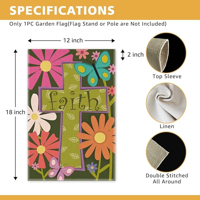 Faith Garden Flag, Spring Summer Cross Christian Garden Flag for Outside, Double Sided Bible Verse Easter Farmhouse Lawn Porch Yard Sign, Easter Floral Religious Church Catholic Decor Banner