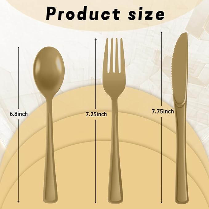 Plastic Silverware 300 PCS Disposable Silverware Heavy Duty Utensil Sets 100 Of Each Forks Knives & Spoons Disposable Cutlery Set For Easter,Birthday,Baby Shower,Garden Party,Wedding(300,Gold)
