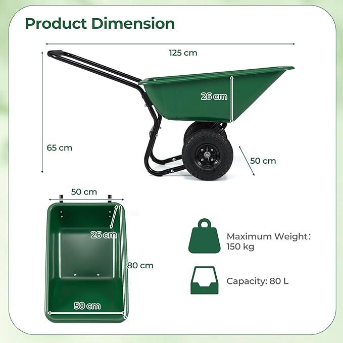 Giantex Dual-Wheel Wheelbarrow, Heavy-Duty Garden Utility Cart with Built-in Stand, Pneumatic Tires, 330 Lbs Capacity, Foldable Handle, 21 Gal Dump Cart for Yard Lawn Moving Soil, Garden (Green)