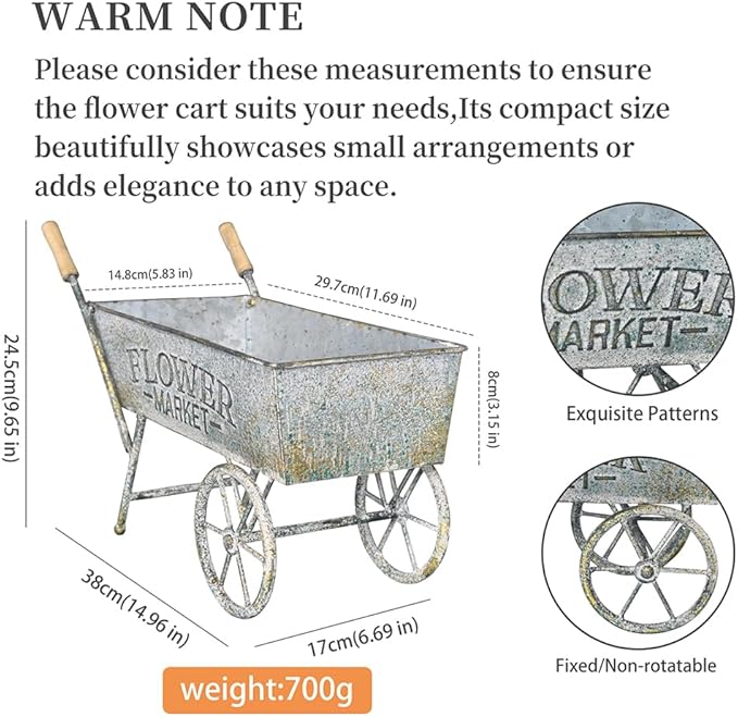 15 Inch Farmhouse Small Flower Cart with Wooden Handles Metal Wagon Planters for Outdoor Plants Decorative Wheelbarrow Plant Cart for Patio Garden Balcony Gray