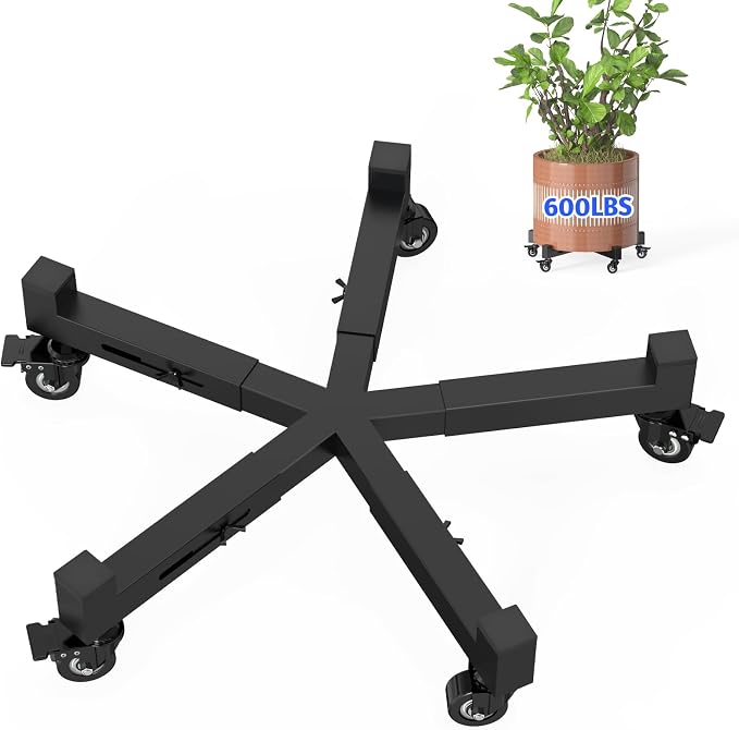 Plant Caddy With Wheels, Adjustable 13in to 20inch Metal Plant Stand | Metal Heavy Duty Rolling Plant Dolly With 5 Wheels (3 Lockable) For Indoor Outdoor Large Pots Planter, Holds Up to 600 Lbs