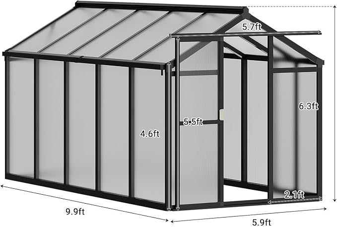 GarveeHome 6X10 FT Greenhouse for Outdoors, Walk-in Greenhouse Kit with Aluminum Frame, Polycarbonate Panels, Adjustable Roof Vent, Sliding Door, Secure Lock for Outside Garden, Patio, Backyard
