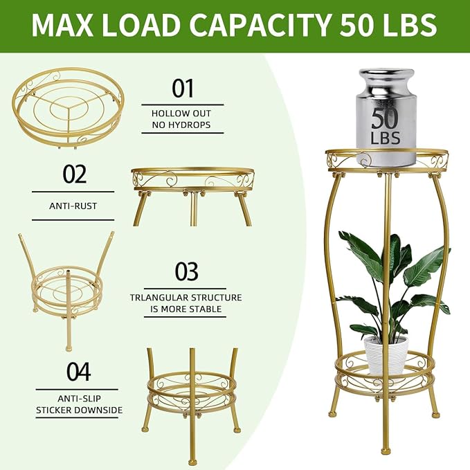 LOYAL TIGER Plant Stand Indoor Outdoor, 2 Tier 27" Tall Metal Shelf, Gold | Heavy Duty Plant Rack, Rustproof Metal, Stable 3-Leg Base, Holds up to 100 lb, Flower Pot Holder