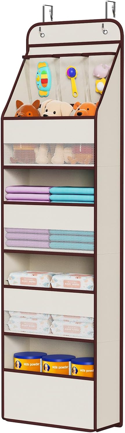 Univivi Fabric Over Door Hanging Organizer for Baby Nursery, Beige, 5-Shelf