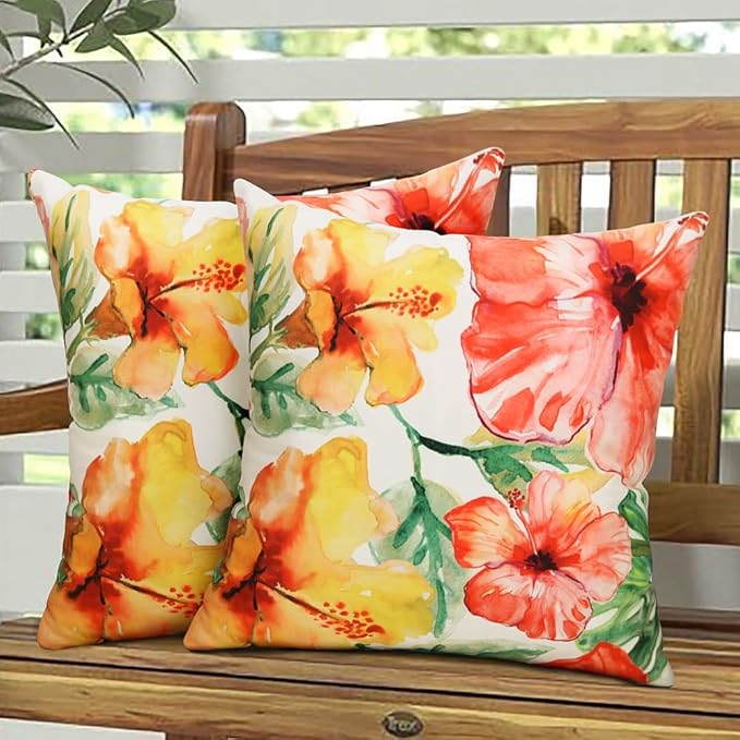 Pyonic Outdoor Pillows Covers Pack of 2 Spring Floral Waterproof Throw Pillow Covers 18X18 inch Outdoor Pillows for Patio Furniture Garden Square Outside Waterproof Pillow