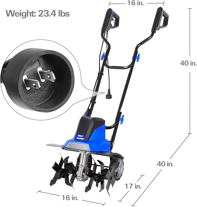 BILT HARD 16-Inch Corded Garden Tiller Cultivator, 13.5-Amp 6 Steel Tines Tillers with Adjustable Wheels & Foldable Handle, 8-Inch Tillling Depth Electric Rototiller for Lawn/Yard/Garden Soil Digging