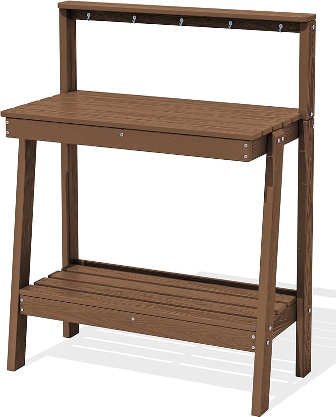 SERWALL Potting Bench Outdoor with Storage, 3-Tier HDPE Gardening Table with Angled Legs & Tool Hooks, All-Weather Heavy Duty Potting Table for Patio, Backyard, Garden, Brown