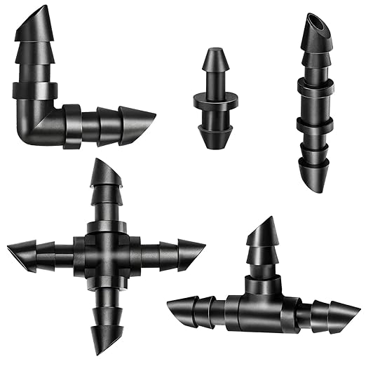 Drip Irrigation Fittings Kit for 1/4" Tubing, 130 Pieces Drip Line Connectors for Drip Systems - 40 Couplings, 30 Tees, 20 Elbows, 20 End Plugs, 20 Cross Tees Drip Irrigation Parts