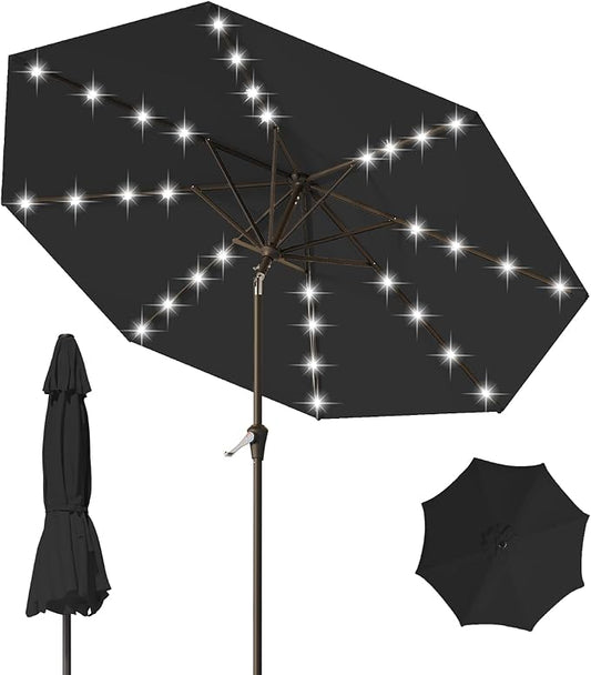 9FT Patio Umbrella with Solar Lights,Outdoor Market Umbrella with Tilt and Crank, LED Lighted Table Umbrella for Garden,Deck,Backyard,Pool,Beach