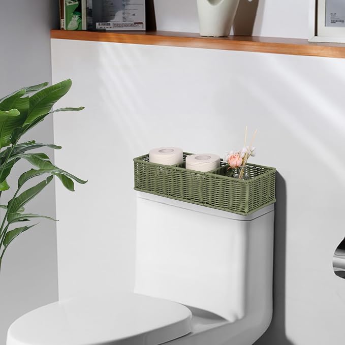 Bathroom Wicker Storage Basket: Waterproof Resin 3-Section Organizer Above Toilet Space Efficient Design for Small Homes Stress Relief Sage Green 1pack
