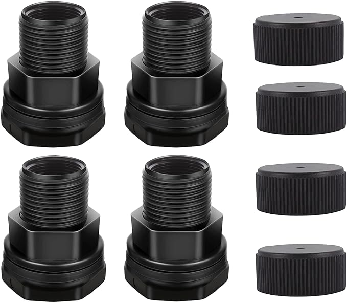 PVC Garden Hose Bulkhead Fitting With Plug, 1/2" Female NPT, 3/4" Male GHT (garden Hose Thread), For Rain Barrels, Aquariums, Sinks，4 Pack……