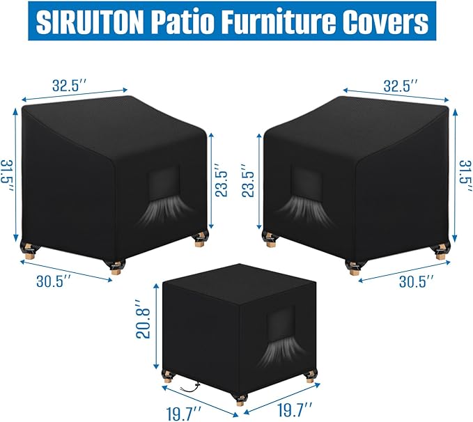 SIRUITON 3 Piece Outdoor Veranda Patio Garden Furniture Cover Set with 210D Durable and Water Resistant Fabric,Fit for Outdoor Wicker Patio Furniture Sets/Rattan Chair Conversation Sets-Balck
