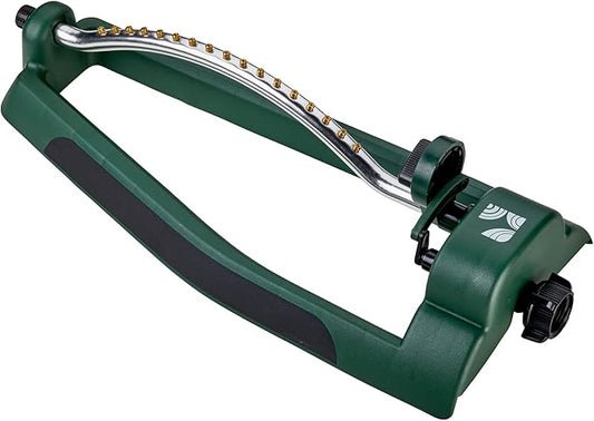 Oscillating Sprinkler 100006, Adjustable Pattern to Cover Up to 2,695 Square Feet, 17 Brass Nozzles on Metal Tube for Even Lawn Watering, by New England Garden Tools