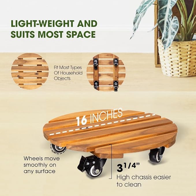 16inches Capacity 500lbs Wood Plant Caddy With Wheels Heavy Duty, Acacia Hardwood Plant Dolly, Plant Stand with 360° Lockable Wheels for Plant Pots, Heavy Objects Hauling - Natural Wood