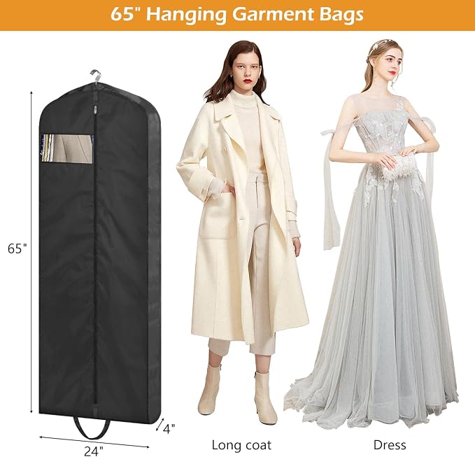 MISSLO 65" Long Garment Bags for Travel Dress Bags for Hanging Clothes Waterproof Wedding Dress Cover Traveling Clothing Protectors for Closet Storage 3-Pack for Gowns, Tuxedos, Coats, Black