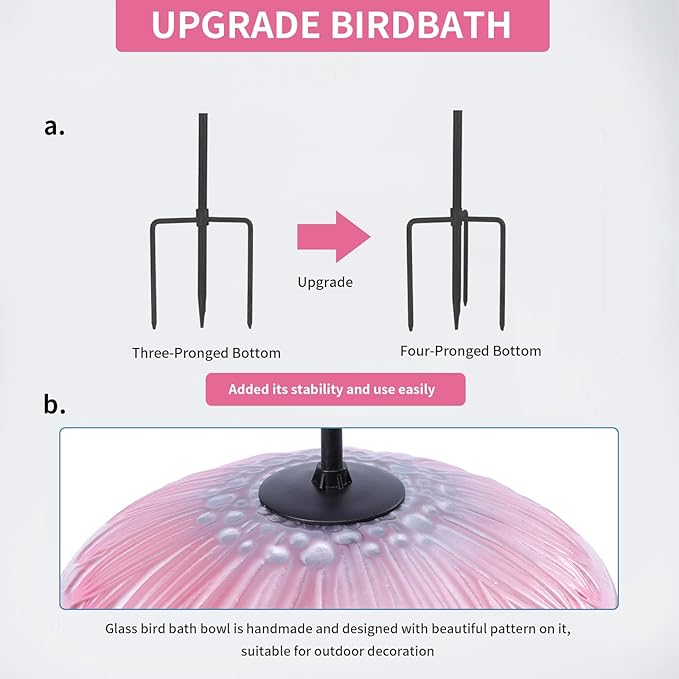 MUMTOP Glass Bird Bath, Garden Outdoor Birdbaths Birdfeeder with Metal Stake Pink Flower