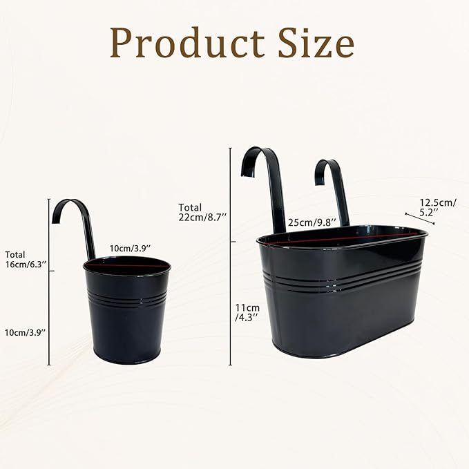 Pack of 8 Metal Hanging Planters for Outdoor Plants, 4 Pcs 4" Round Railing Planter & 4 Pcs 10" Oval Fence Flower Pots for Balcony Garden Decor, Black