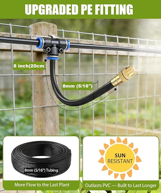52FT Easy-Snap Garden Irrigation System for Raised Beds & Greenhouses, Upgraded 8mm (5/16") High-Flow PE Tubing with 20 Bendable 360° Copper Nozzles, Quick-Connect Plant Watering Kit