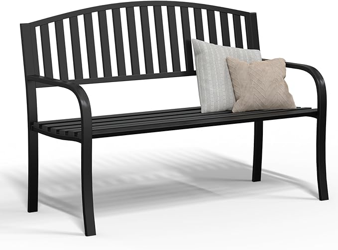 50" Heavy Duty Outdoor Bench, Metal Weatherproof Garden Bench Cast Iron Heavy-Duty Patio Bench with Decorative Backrest for Proch Park 880lb Capacity
