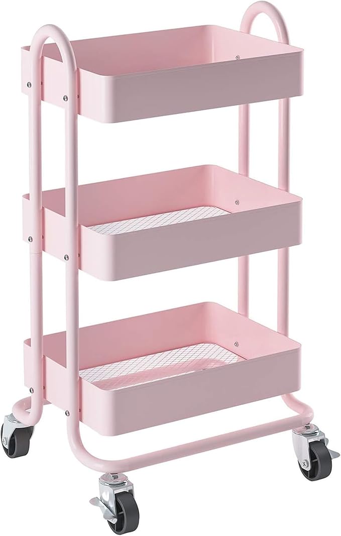 Metal Rolling Cart,3-Tier Pink Rolling Cart with Wheels,Metal Utility Cart with Wheels for Office,Home,Kitchen,Garden（13.4"x18.1"x31"） Pink