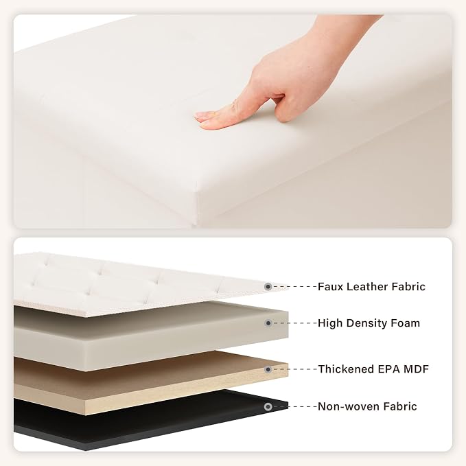 PINPLUS Folding Storage Ottoman Bench with Tray, Beige Faux Leather | Ottoman Storage Chest with Removable Tray, Footrest and Coffee Table Use for Living Room, Bedroom and Entryway