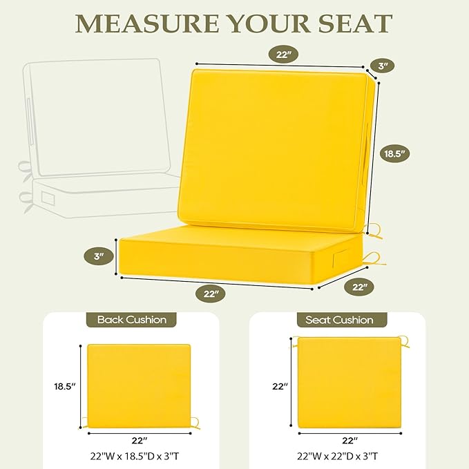 Wellsin Outdoor Deep Seat Patio Cushions, 22 x 22 Waterproof & 3-Year Fade Resistant Outdoor Cushions with Removable Covers,Ties and Handle for Chair, Sofa, Couch, Yellow