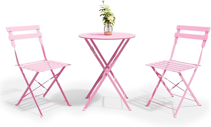 3-Piece Folding Bistro Set, 2 Chairs and 1 Coffee Table, Space Saving Weather-Resistant Frame, Portable Indoor/Outdoor Patio Furniture Conversation Set for Garden Porch Balcony Deck - Pink