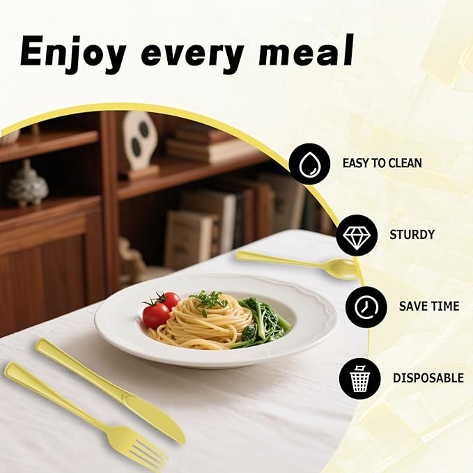 Plastic Silverware 300 PCS Disposable Silverware Heavy Duty Utensil Sets 100 Of Each Forks Knives & Spoons Disposable Cutlery Set For Easter,Birthday,Baby Shower,Garden Party,Wedding(300,Light Yellow)