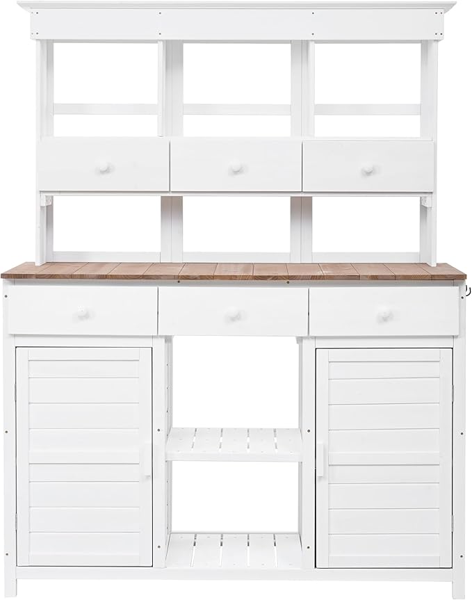 RUNNA 65.7'' H Tall Garden Potting Bench Table with Hutch,Patio Storage Workstation with 3 Shelves,6 Drawers,2 Bottom Cabinets&Side Hooks for Mudroom,Doorway (White@024, 65.7)