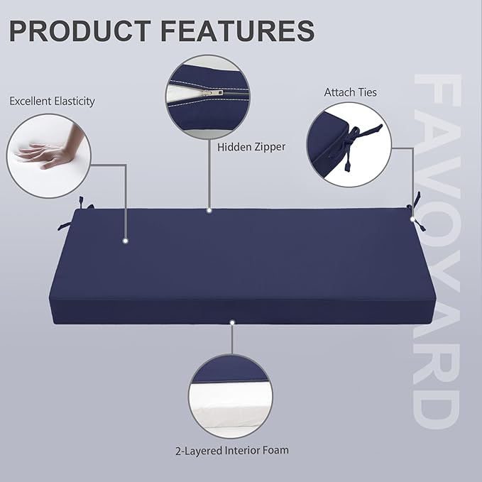 Favoyard Outdoor Bench Cushion 59 x 18 Inch Waterproof Patio Furniture Cushions 3-Year Color Fastness Garden Sofa Settee Couch Swing Pads with Handle and Attach Ties, Blue