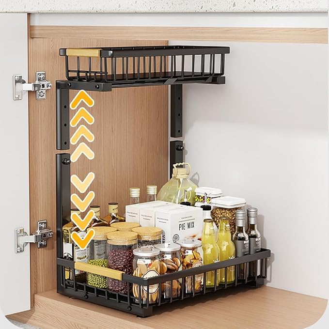 GarveeLife Under Sink Organizer, L-Shape Pull-Out 2-Tier Carbon Steel Storage Organizer with Suction Cups - Space-Saving Cabinet Rack for Kitchen & Bathroom - Easy Access Sliding Design -Black